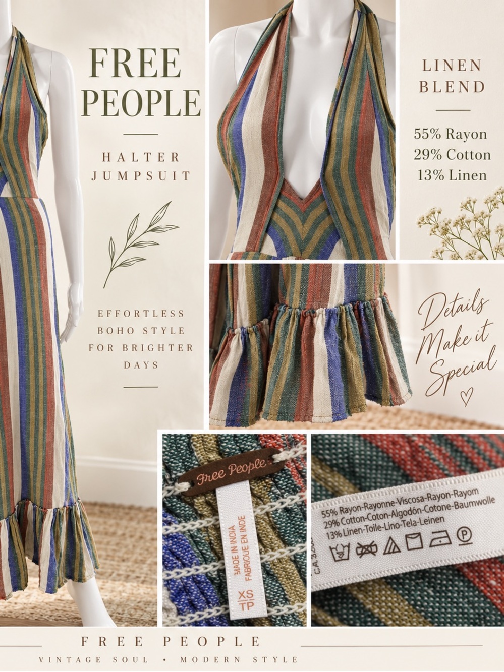 Free People XS Striped Halter Wide Leg Jumpsuit Linen Blend Boho